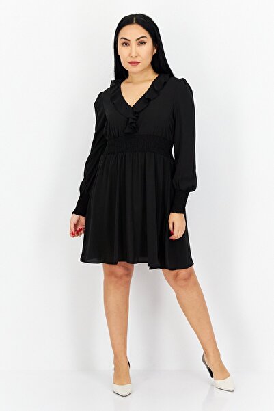 NA-KD Women Ruffle Neck Long Sleeves Textured Mini Dress, Black