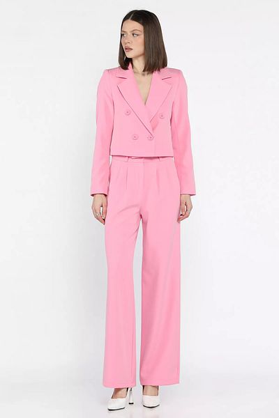 GÜLSELİ Pink Women's Four Button Blazer Jacket Palazzo Pants Two Piece Set