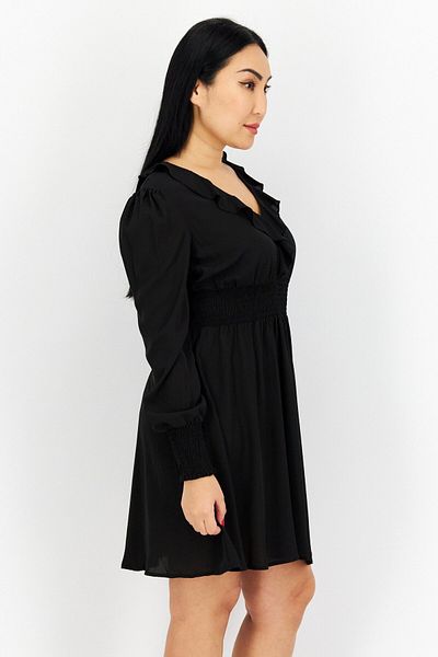 NA-KD Women Ruffle Neck Long Sleeves Textured Mini Dress, Black