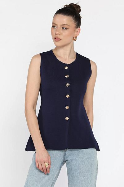 GÜLSELİ Navy Blue Women's Crew Neck Buttoned Knitwear Vest (S-M-L Size Available)