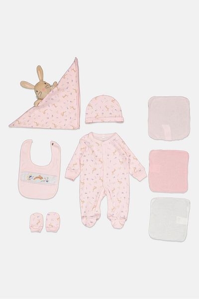 Rock A Bye Baby Boutique Toddlers Girl 8 Pieces Floral Bodysuit And Pants Hanging Gift Set, Pink