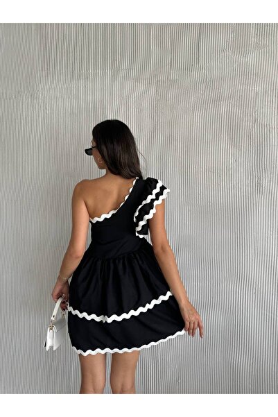 LE CARAMBOLE Women's Black One Shoulder Piping Detailed Summer Short Dress