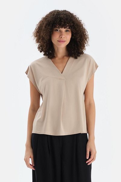 Dagi Stone V-Neck Pleated Viscose T-Shirt