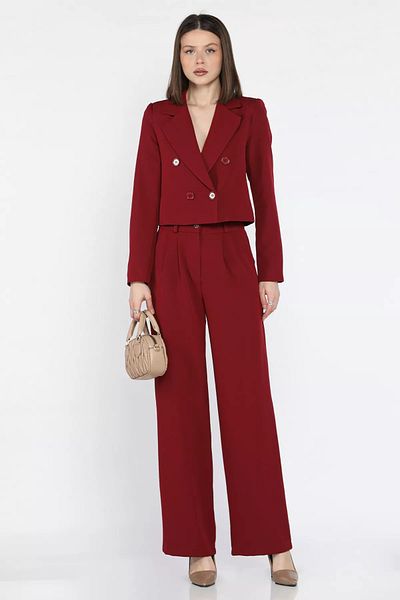GÜLSELİ Burgundy Women's Four Button Blazer Jacket Palazzo Pants Two Piece Set