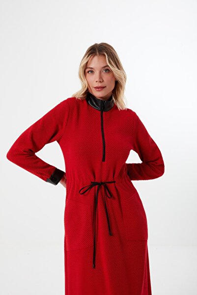 Mimya Kırmızı Deri Detaylı Örme Elbise 2628