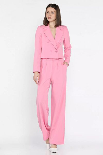 GÜLSELİ Pink Women's Four Button Blazer Jacket Palazzo Pants Two Piece Set