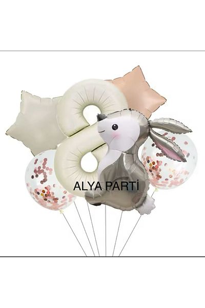 ALYA Party Rabbit Themed Birthday Set with Number and Star Foil Balloons