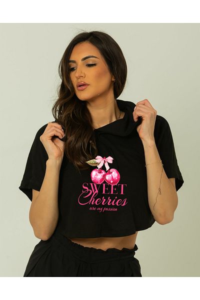 SUNFREE Popular Trend Sweet Cherries Print Hooded Short Sleeve Black Crop
