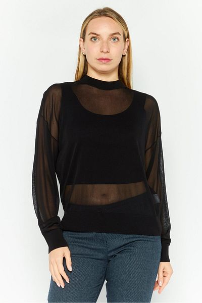 Hugo Boss Women Mock Neck Long Sleeves Mesh Top, Black