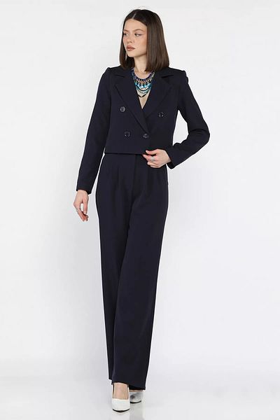 GÜLSELİ Navy Blue Women's Four Button Blazer Jacket Palazzo Pants Two Piece Set