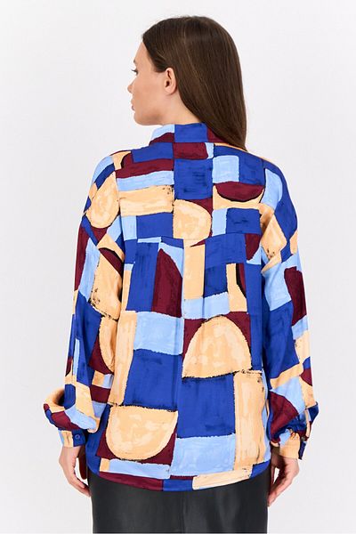 Esprit Women Band Collar Long Sleeves Geometric Print Blouse, Multicolor