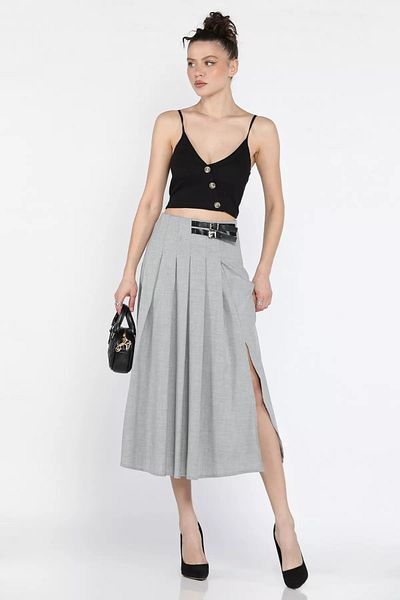 GÜLSELİ Gray Women's Waist Belt Buckle Pleated Slit Detailed Skirt