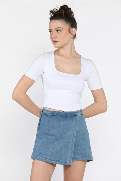GÜLSELİ Fusta albastră pentru femei, cu fermoar, cu talie elastică, din denim
