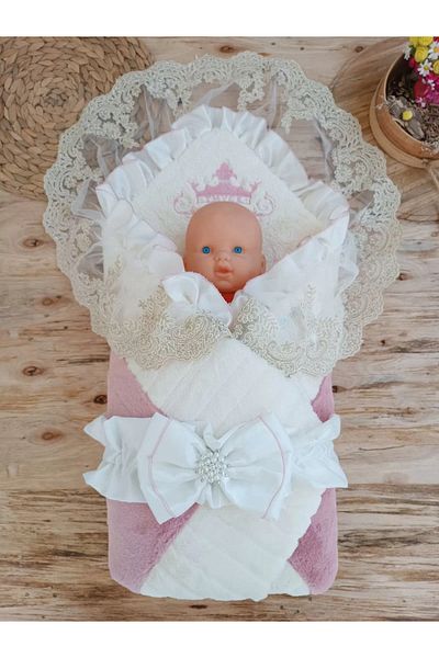Shop58 Newborn Wool Wool Fabric Crown Embroidered Guipure Veil Bow Prism Stone Unisex Swaddle Baby Blanket