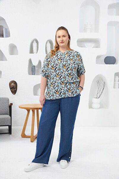 RMG Papatya Desenli Hakim Yaka Büyük Beden Bluz Bebe Mavi