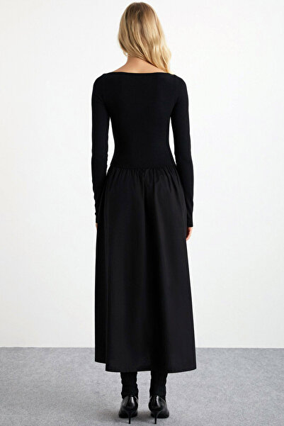 Ottawe Slim Fit Dar Kalıp Eteği Poplin Uzun Kol Kayık Yakalı Casual Midi Boy Elbise