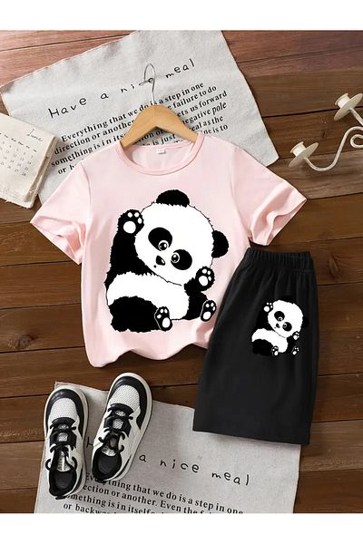 aynewmoda Set de tricou și pantaloni scurți cu mâneci scurte „So Cute Panda” de vară pentru fete