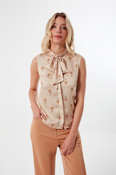 Mimya Bej Desenli Kolsuz Bluz 3610