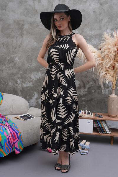 ZEYWEAR Halter Yaka Beli Lastikli Kloş Elbise