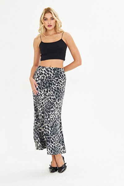 BELISTIL Fusta țesută din satin cu imprimeu leopard kaki, lungime midi