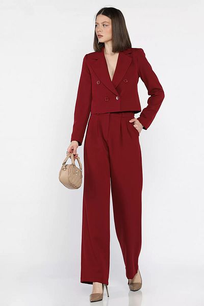 GÜLSELİ Burgundy Women's Four Button Blazer Jacket Palazzo Pants Two Piece Set