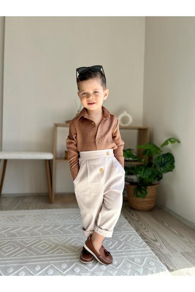 favorimkids Kahve Keten Gömlek Pamuklu Pantalon 1