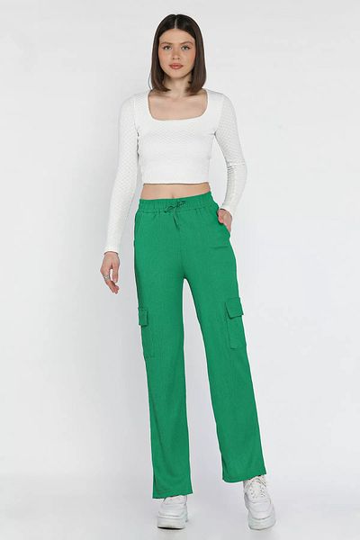 GÜLSELİ Green Women's Elastic Waist Wide Leg Cargo Pocket Trousers