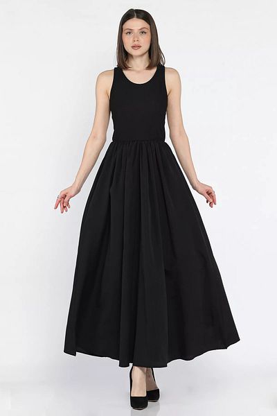 GÜLSELİ Black Women's Double Pocket Ottoman Long Dress