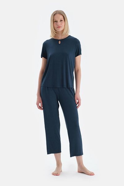 Dagi Indigo Collar Detailed Short Sleeve Modal T-Shirt Pants Pajama Set