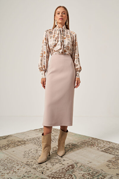 Mimya Bej Yırtmaçlı Yüksek Bel Kalem Etek 4818