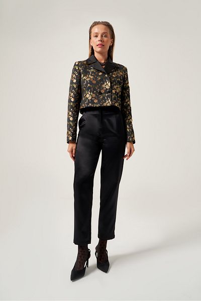Mimya Black Floral Patterned Satin Jacket 6810