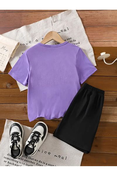 aynewmoda Set de tricou și pantaloni scurți cu mâneci scurte „So Cute Panda” de vară pentru fete