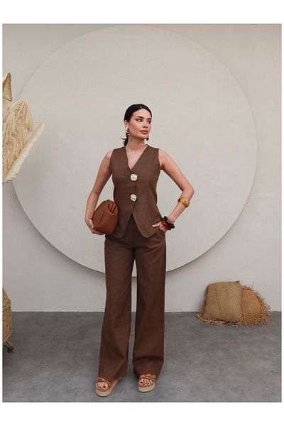ESRAHELVACI Gold Buttoned Linen Trousers Set
