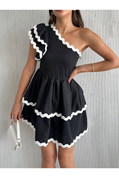 LE CARAMBOLE Women's Black One Shoulder Piping Detailed Summer Short Dress