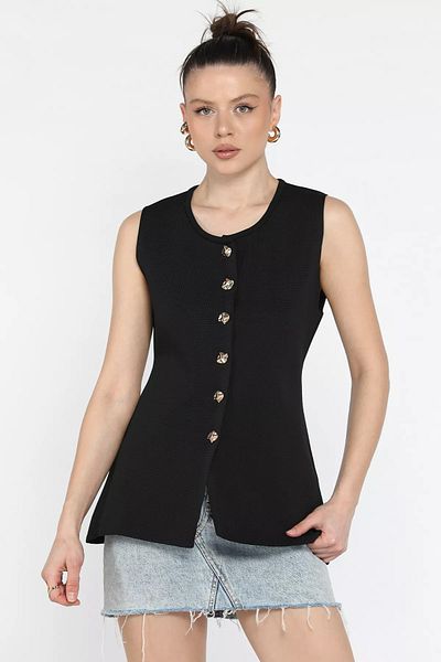 GÜLSELİ Black Women's Crew Neck Buttoned Knitwear Vest (S-M-L Size Available)