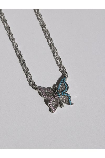 Reorah Collection أنت قلادة الأميرة التوأم الفقيرة - قلادة المواعدة على شكل فراشة زرقاء وردية