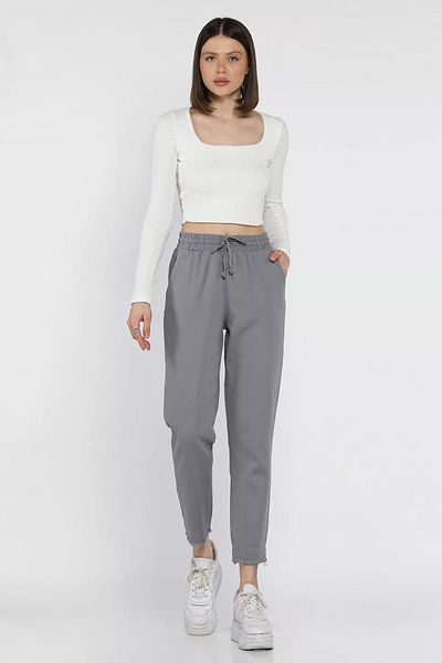 GÜLSELİ Dark Gray Women's High Waist Leg Tassel Detailed Gabardine Trousers