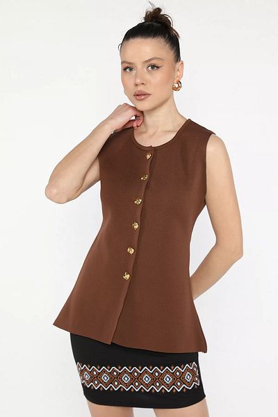 GÜLSELİ Brown Women's Crew Neck Buttoned Knitwear Vest (S-M-L Size Available)