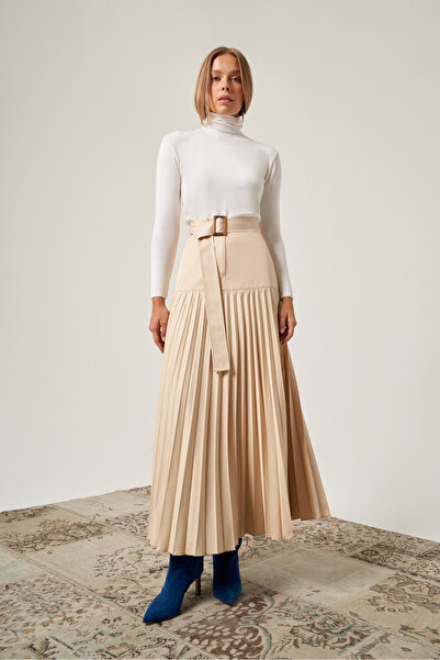 Mimya Bej Pamuklu Piliseli Kemer Detaylı Etek 4801