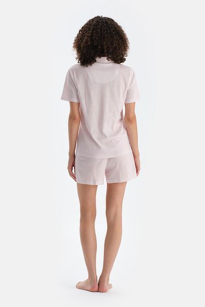 Dagi Light Pink Striped Combed Cotton Modal Shirt Shorts Pajama Set