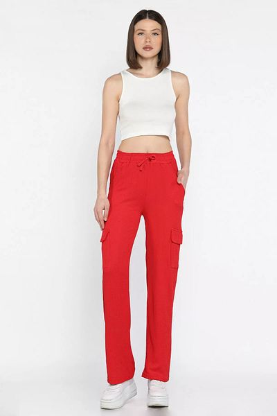 GÜLSELİ Red Women's Elastic Waist Wide Leg Cargo Pocket Trousers