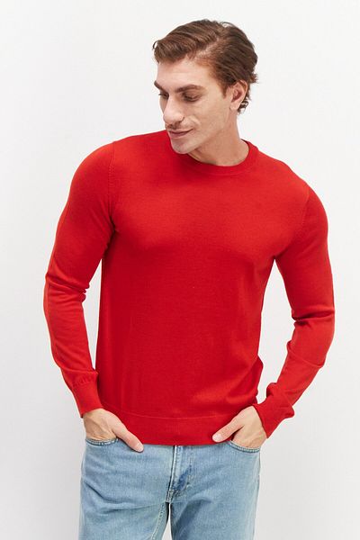 CELIO Men Crew Neck Plain Long Sleeves Sweaters, Red