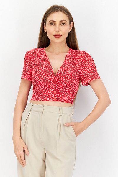 NA-KD Women V Neck Short Sleeve Floral Print Top, Red