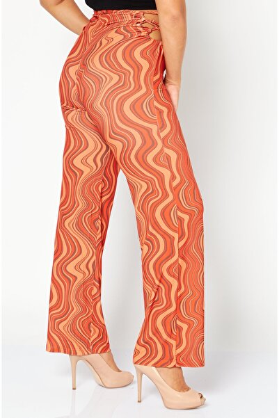 NA-KD Women Regular Fit Lacing Detail Straight Pant, Orange Combo