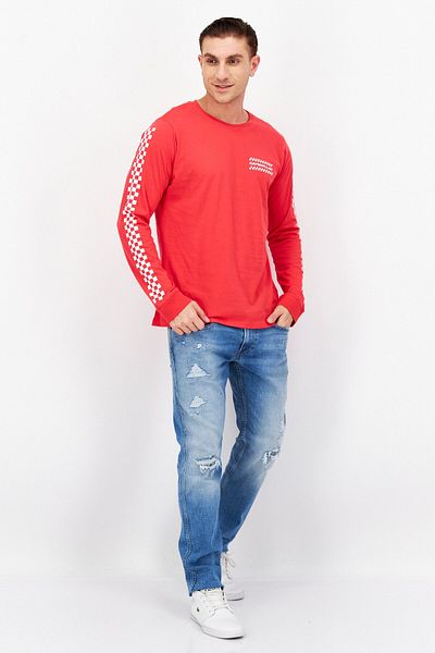 Caterpillar Men Crew Neck Long Sleeve Brand Logo T-shirts, Red/white