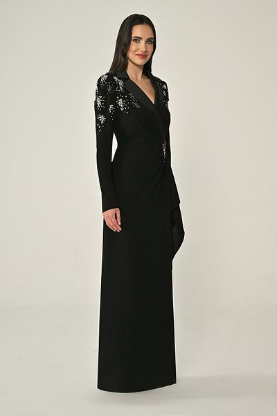 ALFABETA Long Sleeve Collar Long Crepe Evening Dress (Alpha Beta)