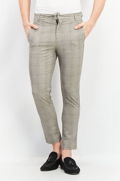CELIO Men Regular Fit Windowpane Pattern Dress Pants, Beige