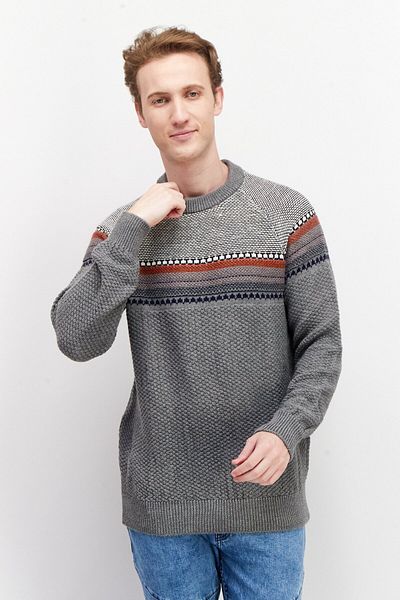 CELIO Men Crew Neck Long Sleeve Knitted Sweaters, Grey Combo