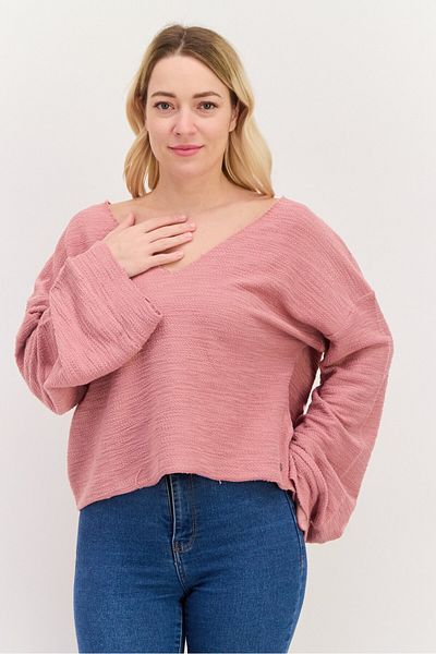 Roxy Women V-neck Long Sleeve Textured Top, Old Rose
