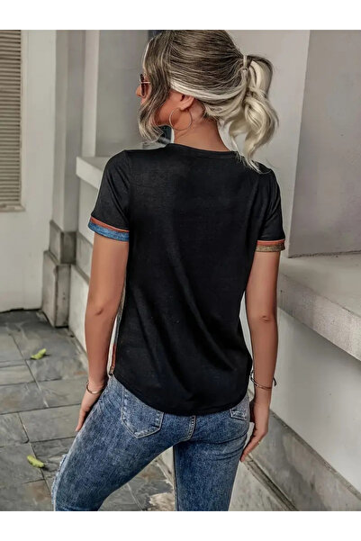 Giyimodam    Women's Short Sleeve V-Neck Button Multi Color Single Jersey Blouse